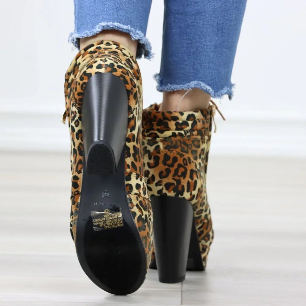 Leopard Platform Ankle Boots High Heel Leopard Faux Suede Lace-Up Block - Picture 7 of 12
